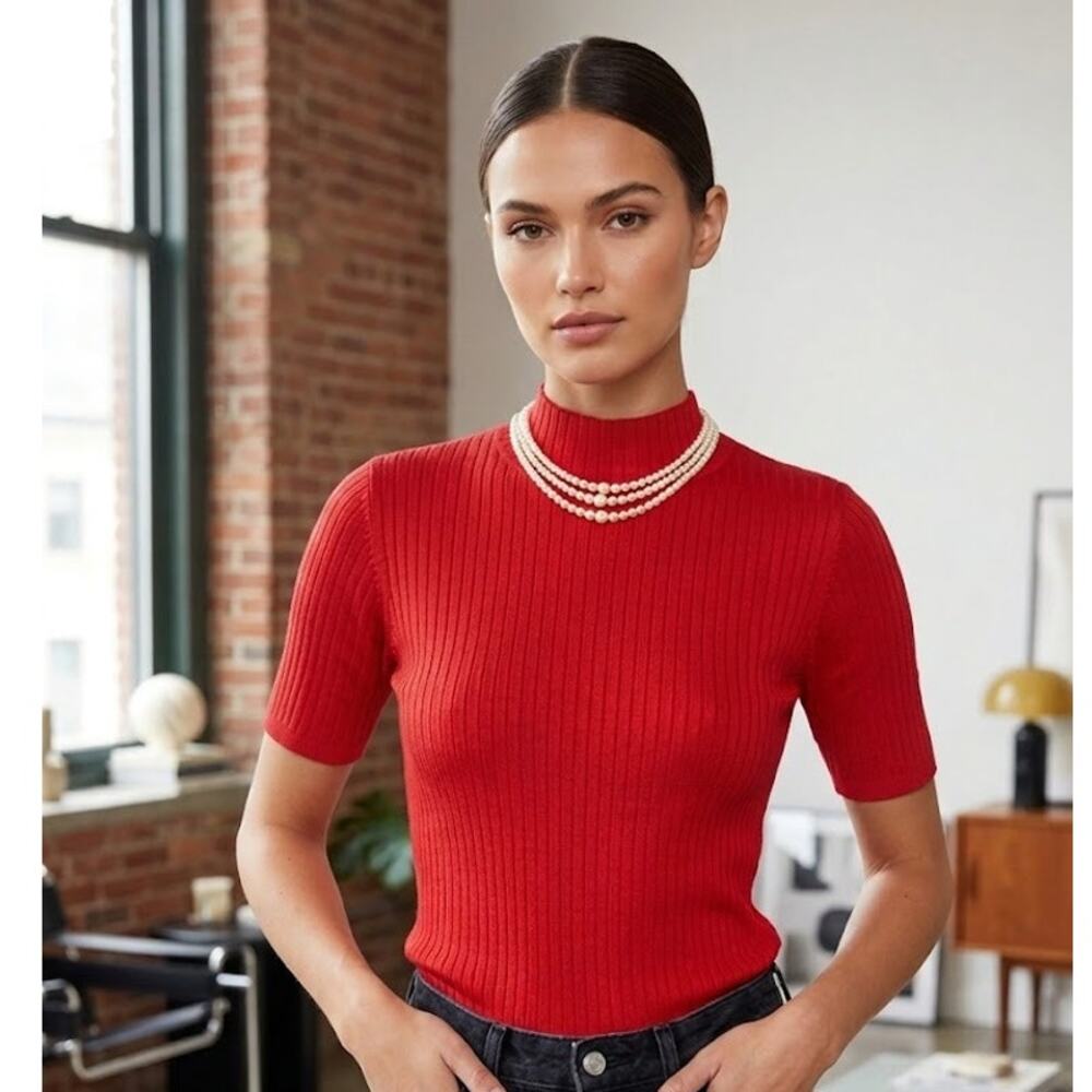 August Silk Red Ribbed Mock Neck 90s Y2K Glam Preppy Coquette